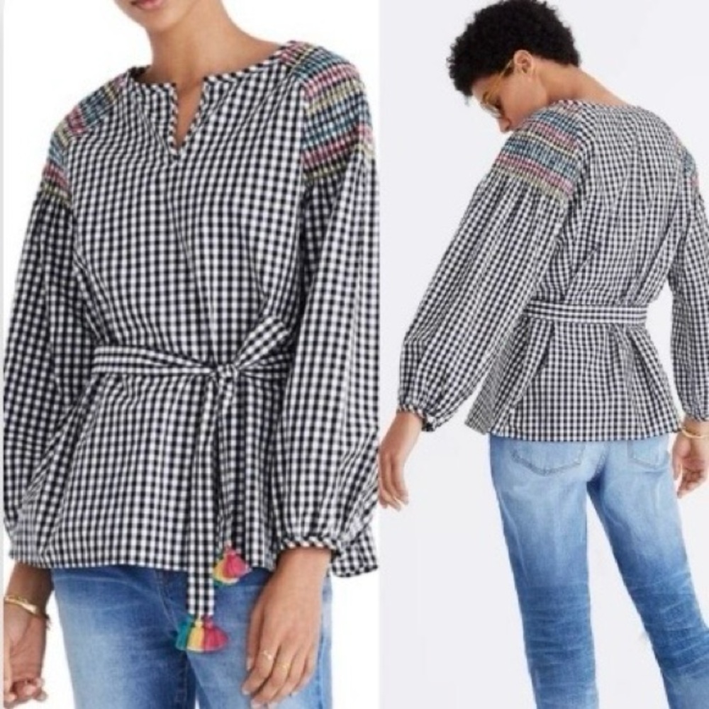 Madewell Smocked Gingham Top Black and White Embroidered Smocked Shoulder Medium